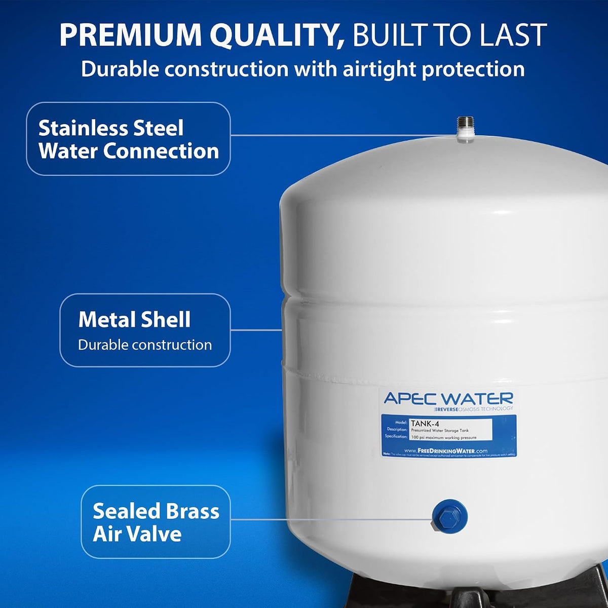 APEC Water Tank-4, 4 Gallon Pre-Pressurized Water Storage Tank | Holds Up to 3.2 Gallons, Food Grade Bladder, Efficient Discharge Options, 1/4 Inch Male Pipe Thread